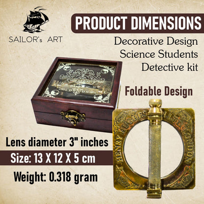 Sailor's Art Antique Brass Sherlock Holmes Fancy Magnifying Glass Handheld Decorative Handle with Wooden Box- Consulting Detective Home Decor- Decorative Design Science Students Detective kit