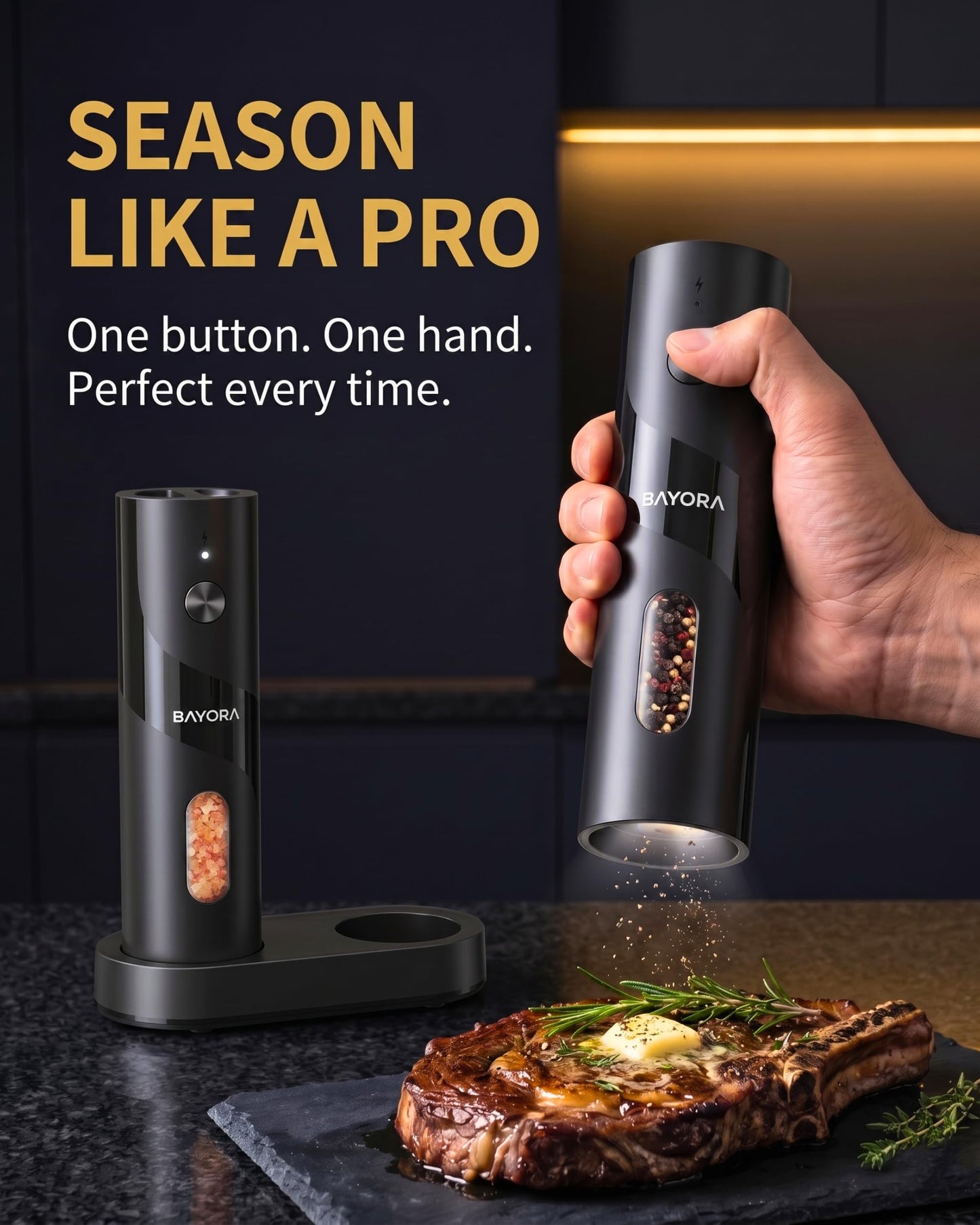 BAYORA Rechargeable Electric Salt & Pepper Grinder Set w/ Charging Base – Automatic Salt & Pepper Mills, USB-C, Adjustable Coarseness, Large Capacity, LED Charging Indicator, 2-Pack, Kitchen Gifts
