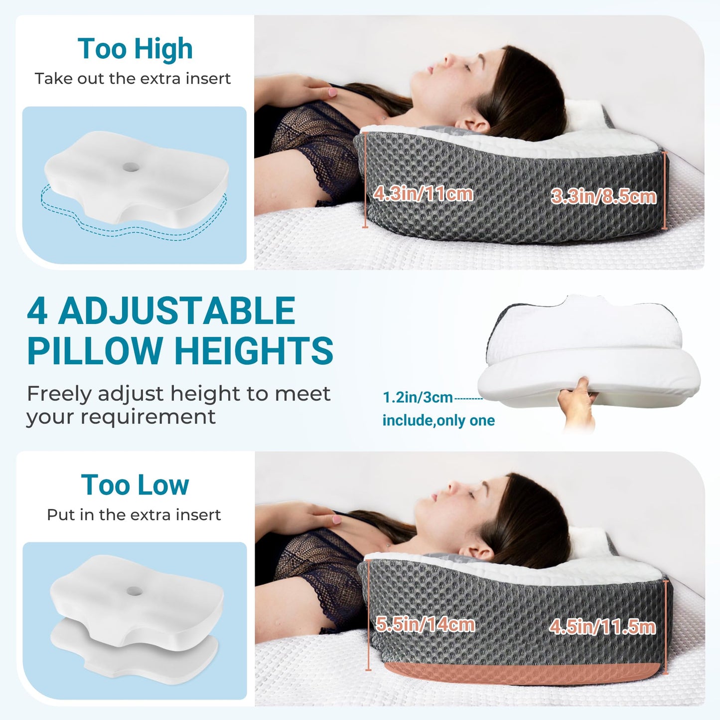 Elviros Cervical Memory Foam Neck Pillow for Side Sleeping, Orthopedic Pillows for Back and Stomach Sleepers, Adjustable Ergonomic Bed Pillow Pain Relief (Dark Grey)