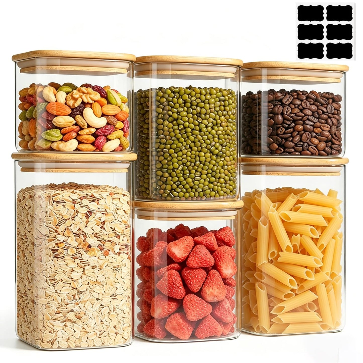 ComSaf Glass Storage Containers With Lids 6-Pack (0.7qt/1.2qt/1.6qt), Glass Pantry Storage Containers, Rectangular Glass Jars With Lid, Glass Canisters For Kitchen Flour Cereal Sugar Tea Coffee Bean