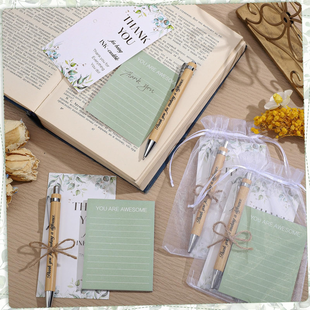 woric 20 Set Employee Appreciation Gifts Bulk Thank You Gifts with Bamboo Thank You Pens Inspirational Sticky Notes and Cards Easter Gift for Staff Volunteer Team Office Coworker Teachers