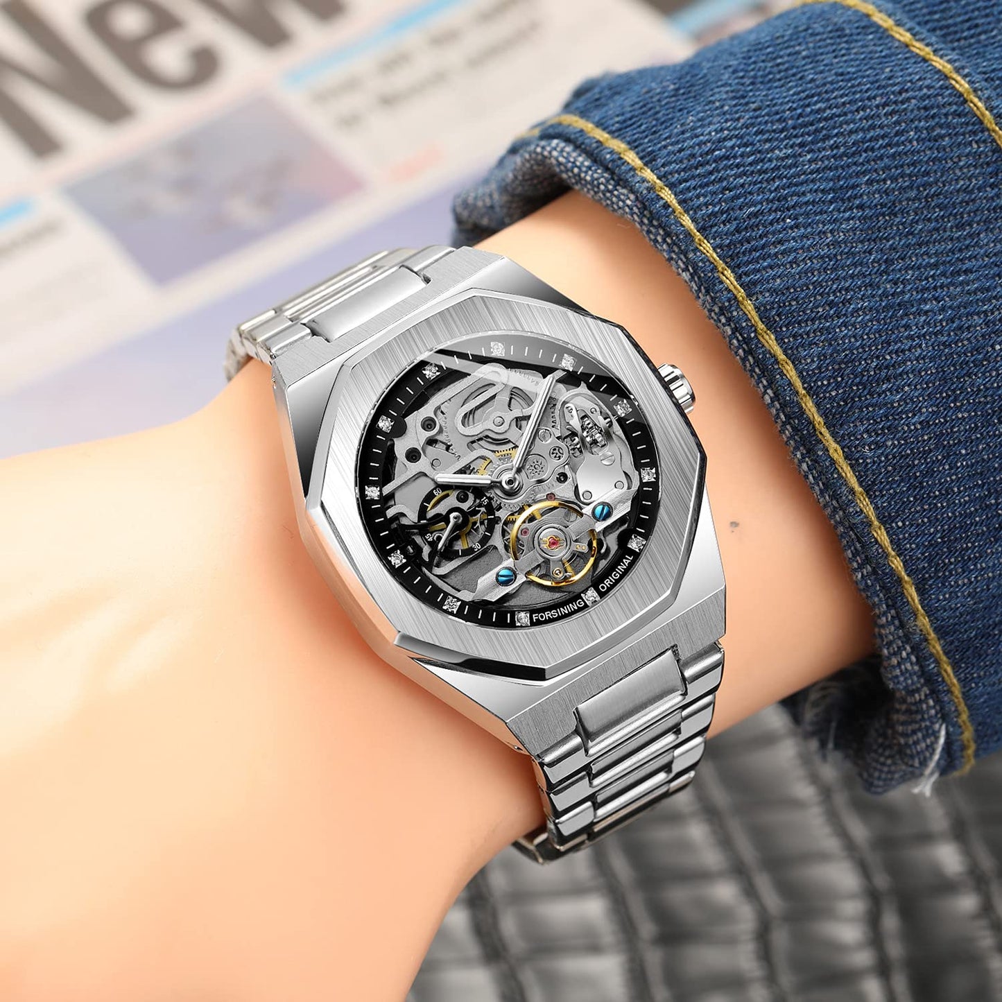 FANMIS Mens Skeleton Watches Luxury Automatic Watch with Stainless Steel Bracelet Wrist Watch (Silver Black)