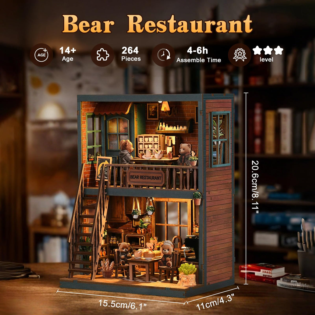Hallisun DIY Miniature House Building Kits, Scarborough Hotel and Bear Restaurant 3D Wooden Dollhouse Toys, Birthday Christmas Festival Gift for Teens Adults