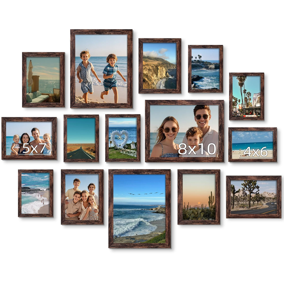 BESCRCL 15 Pack Real Glass Picture Frames Collage Wall Decor, Including 3pcs 8x10, 6pcs 5x7, 6pcs 4x6 Photo Frames for Gallery Wall or Tabletop Display, Brown
