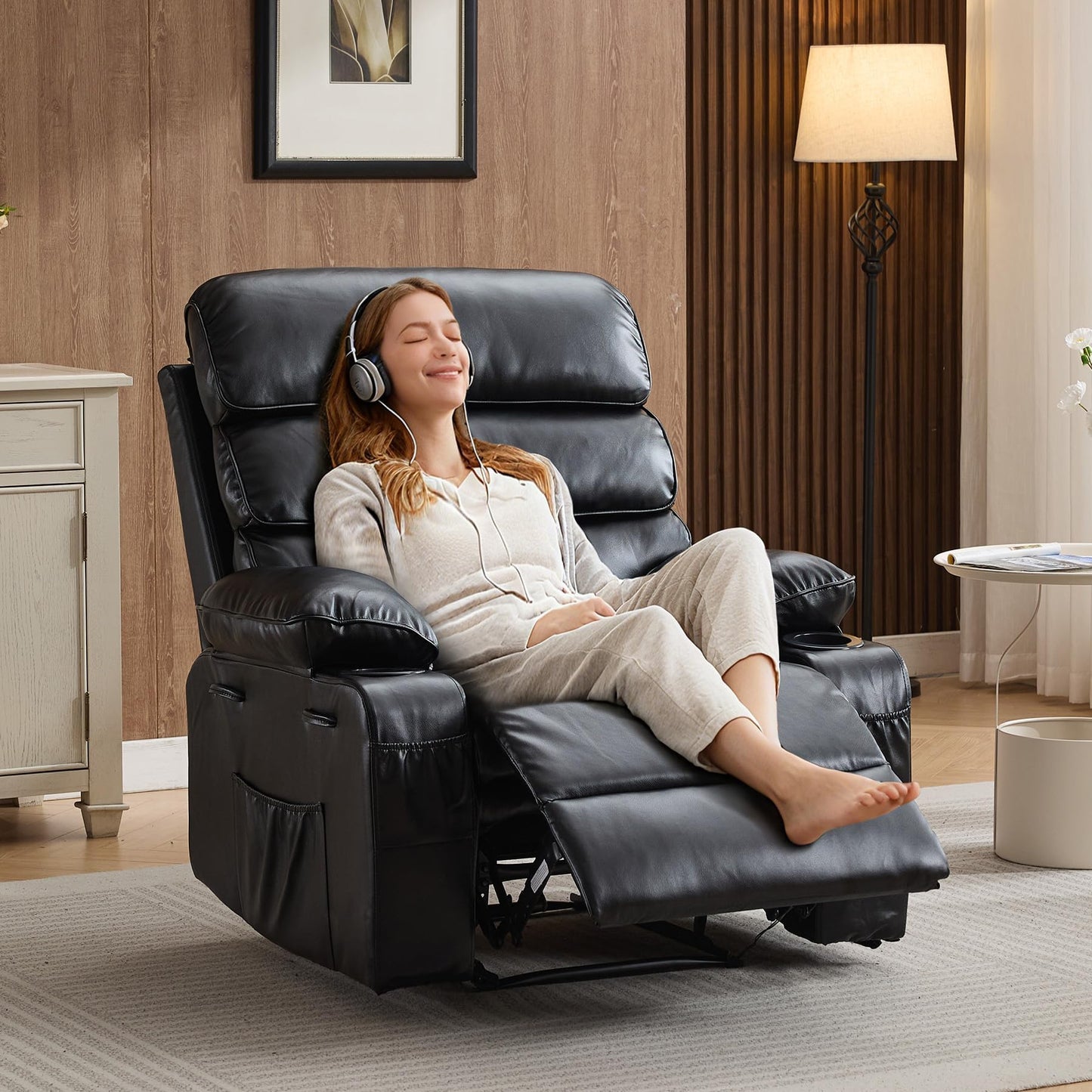 Garvee PU Leather Manual Recliner Chair with Massage and Heat, 27" Extra Wide Seat, 400 lbs Capacity, Thickened Sponge Armrests and Back, Cup Holders & Side Pocket, Living Room or Bedroom, Black