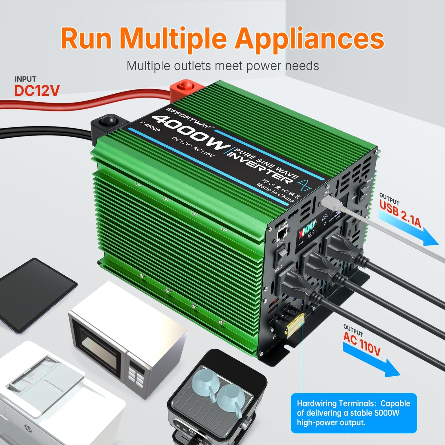 EFFORTWAY 4000W Power Inverter, 12V DC to 110V/120V Pure Sine Wave Inverter with 4 AC Outlets, USB Port, Hardwire Port, Remote Controller, Car Power Inverter for RV, Truck, Boat, Camping, Off-Grid