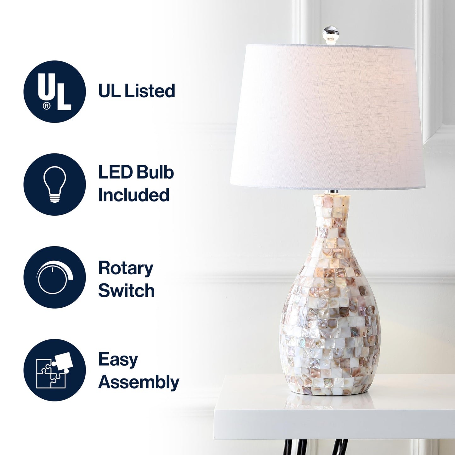 JONATHAN Y 26.5" Ivory Beige Mosaic Seashell LED Table Lamp for Living Room Bedroom Nightstand, Coastal Capiz Shell Base with White Linen Drum Shade, LED Bulb Included JYL1054A