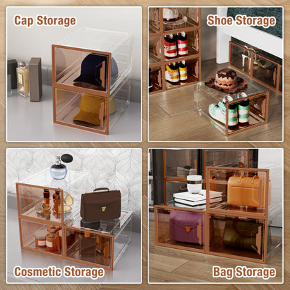 ADTO X-Large Stackable Shoe Boxes - Clear Plastic Shoe Storage Boxes with Magnetic Door, Thicken Shoe Organizer for Closet, Space Saving Foldable Shoe Containers Bins for Sneaker Boot - 6 Pack(Brown)