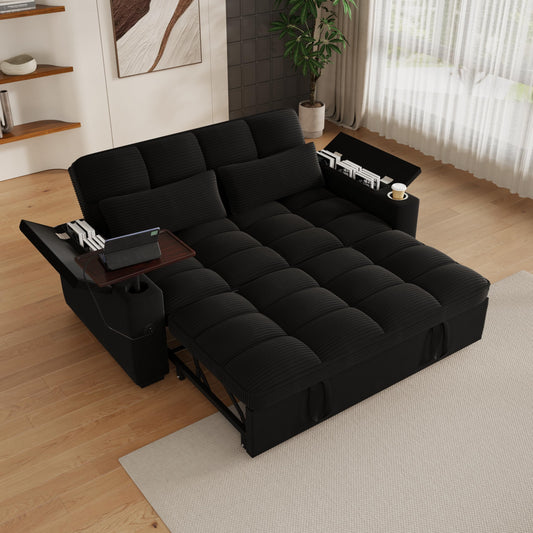 KEIKI 65" 3-in-1 Convertible Sofa Bed with 360° Swivel Table, Pullout Sleeper for Living Room, Small Space Apartment, Modern Textured Corduroy Upholstery, USB Charging, Storage Armrests