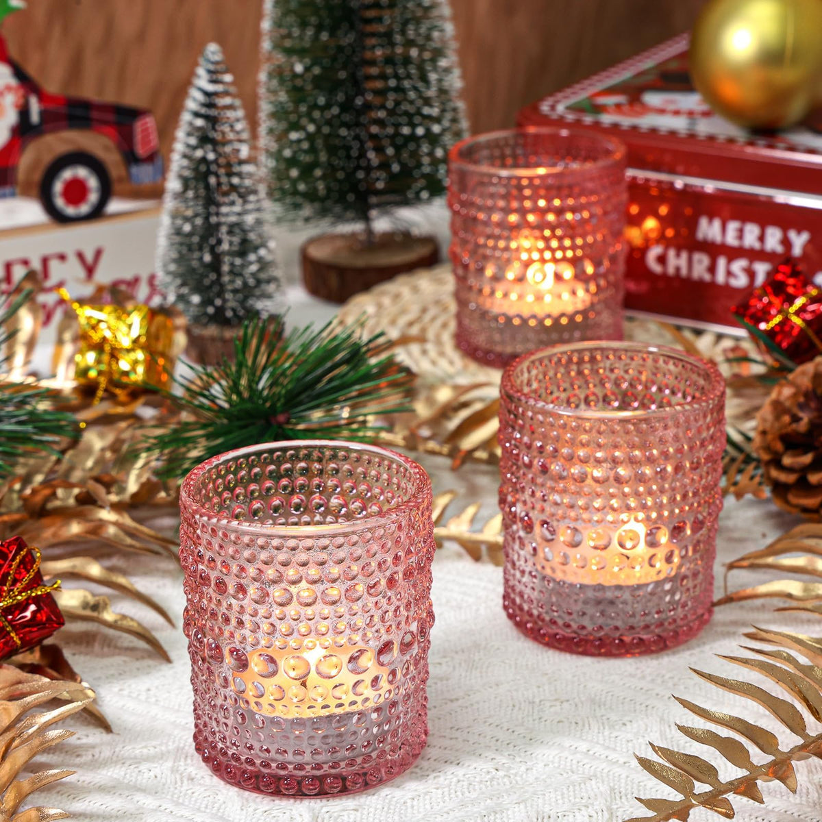 SUPMIND 24 Pcs Votive Candle Holders, Glass Holders Bulk for Table Centerpiece, Tea Lights Candle Holders for Wedding Shower, Party and Home Decor Pink