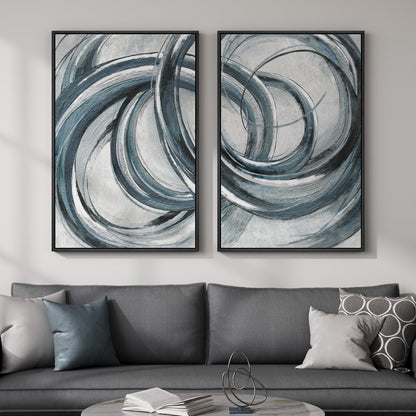 Framed Blue Gray Abstract Wall Art Set of 2, Modern Circle Line Canvas Artwork for Walls, Contemporary Abstract Paintings Prints for Living Room Bedroom Office Hallway Wall Decor, 24x36 In