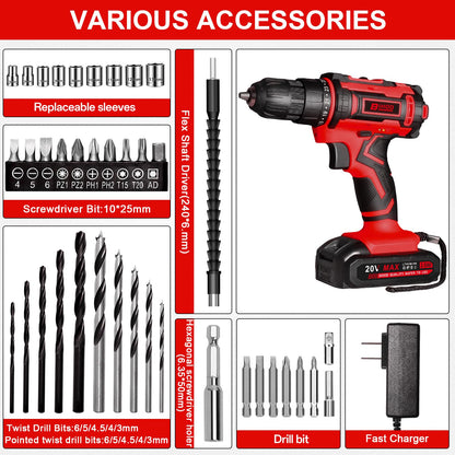 BIHOO Cordless Drill Set,20V Drill Driver with Battery and Charger,3/8-Inch Keyless Chuck, Variable Speed,with Drills Bits Set,Red