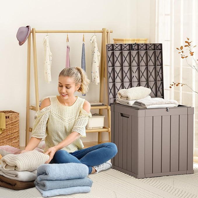 ROJIK 57 Gallon Outdoor Storage Housing Deck Box - Waterproof Patio Furniture, Garden Tools, Cushions, Pool Accessories Storage Bench with Lockable Lid and Side Handles（Grey）