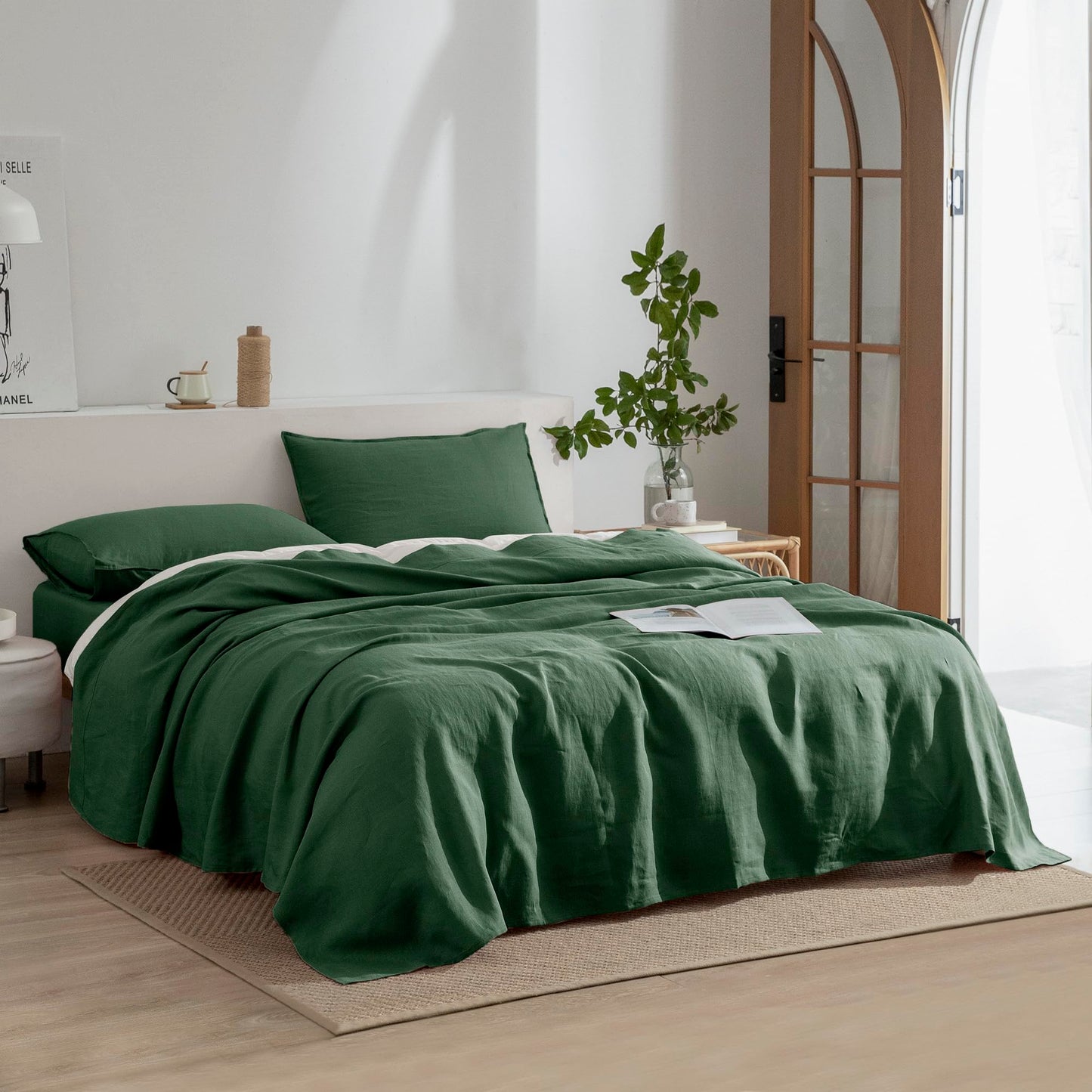 EVERLY Linen Twin Size Sheets Set,100% French Washed Pure Linen Bed Sheets Deep Pocket Sheets,3Pieces(1Flat Sheet,1Fitted Sheet,1Pillowcase) Suitable for Hot Sleepers,180GSM Dark Green Bedding Set