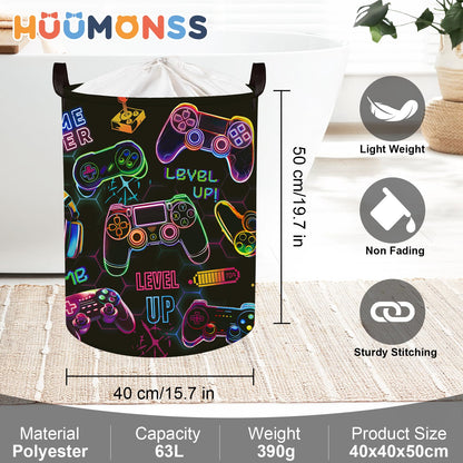 HUUMONSS Gaming Laundry Hamper Game Controller Console Large Storage Basket Collapsible Parents Organizer Boys Clothes Toy Bins for Bedroom, Bathroom, Black, 63L