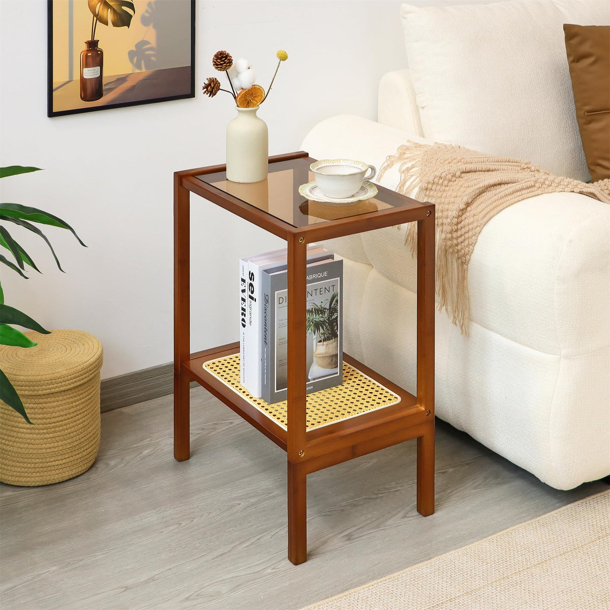 Mordchil HF 2-Tier Bamboo Side Table, Modern Glasstop Rattan Side Table, Mid Century Wood Sofa-Side End Tables for Living Room, Bedroom Night Stand with Storage, Small Narrow Coffee Tables, Walnut