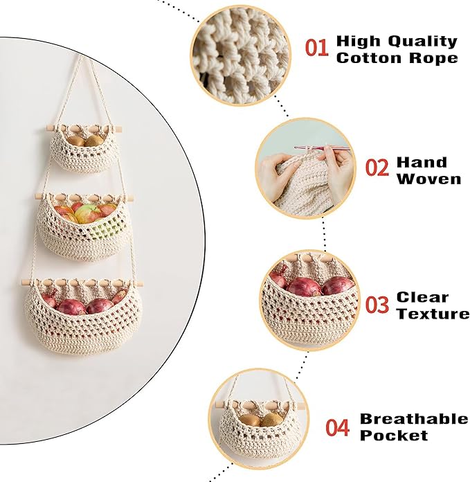 AARAINBOW Wall Cotton Hanging Baskets, Large 3 Tier Decorative Wall Basket
