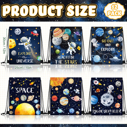 Paterr 12 Pcs Outer Space Party Favors, Astronaut Drawstring Backpack for Kids, Reusable Birthday Astronaut Return Goodie Bags, Galaxy Space Gift Bag for Baby Shower Supplies Candy Treat