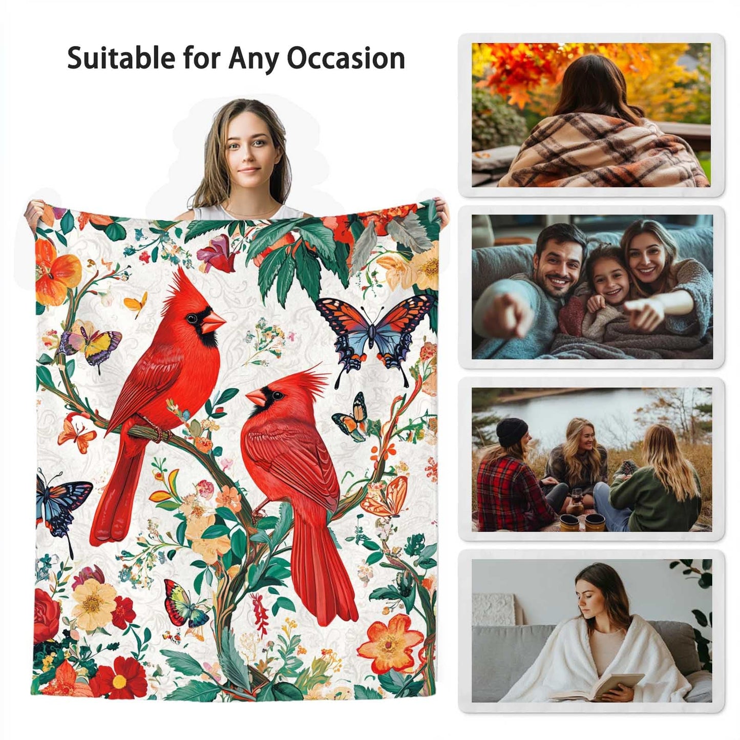ZwenPdoe Cardinal Throw Blanket 40x50 Inches | Red Bird Floral Butterfly Fleece Blanket for Couch Sofa Bed | Botanical Farmhouse Decorative Throw Cozy Gift for Women Mom