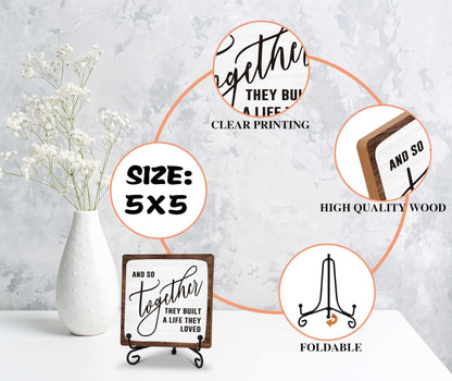 Home Desk Decor Sign, Rustic Wooden Sign With Stand, And So Together They Built A Life They Loved Sign For Farmhouse Home Living Room Bedroom Shelf Table, Coffee Lover Gifts For Family Friend