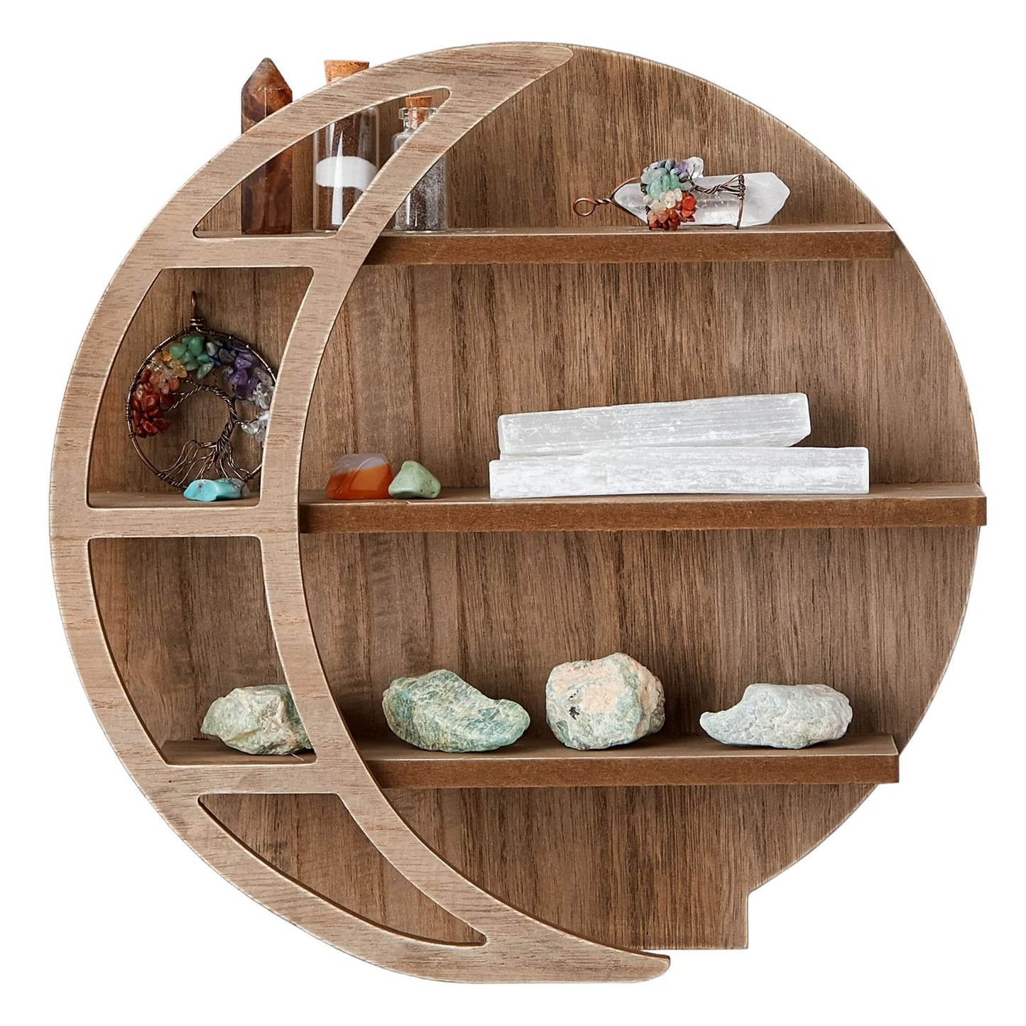 Farmlyn Creek Wooden Crescent Moon Shelf - Rock Shelf & Wall Holder for Stones - Essential Oil Display & Crystal Organizer - Free-Standing Rack - Rustic Brown, 12 x 12 x 3 in