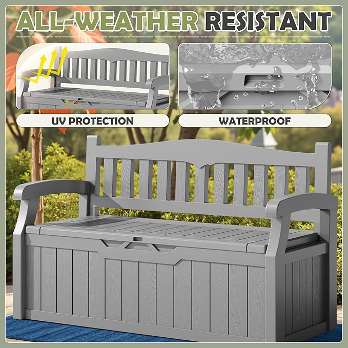 Homall 75 Gallon Outdoor Storage Benches Lockable Deck Box with Waterproof and UV Resistant, Waterproof Storage Box for Patio Furniture, Tools, Cushions (Grey)