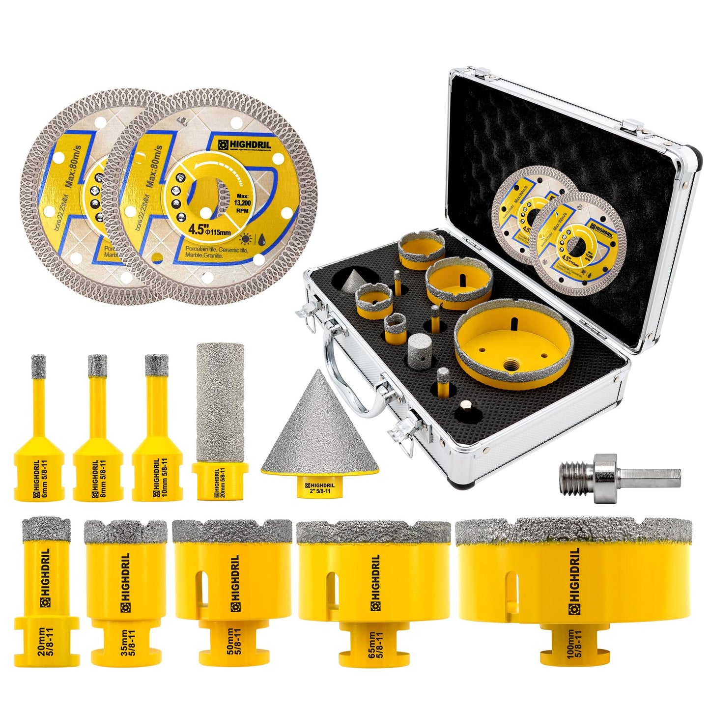 HIGHDRIL 13Pcs Diamond Hole Saw Kit - 1/4", 5/16", 3/8", 4/5", 1-3/8", 2", 4" Drill Bits with 2" Chamfer Bit, 4/5" Finger Bit, HEX Adapter & Saw Blades for Tile Porcelain Ceramic Granite Marble Stone