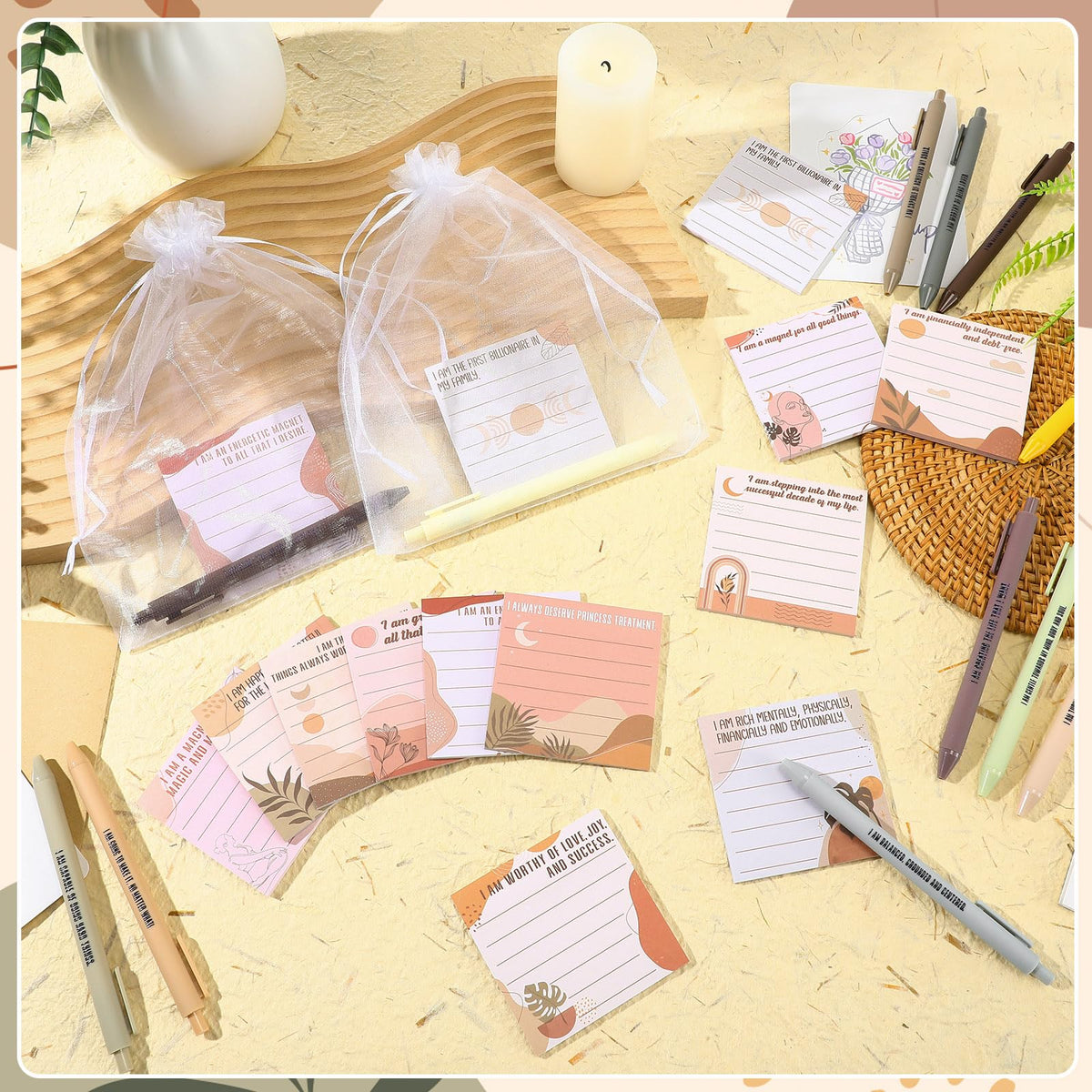 Funrous 36 Pcs Positive Affirmation Gift for Women Bulk Inspirational Sticky Notes with Pens Bags Mothers Day Gifts for Coworkers Employee Teacher Nurse Staff Home Office Gifts Supplies (Boho)