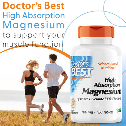 Doctor's Best, High Absorption Magnesium, 100% chelated with TRAACS, with Glycine and Lysine, 120 Vegan Tablets, SOYA-Free, Gluten-Free, Non-GMO
