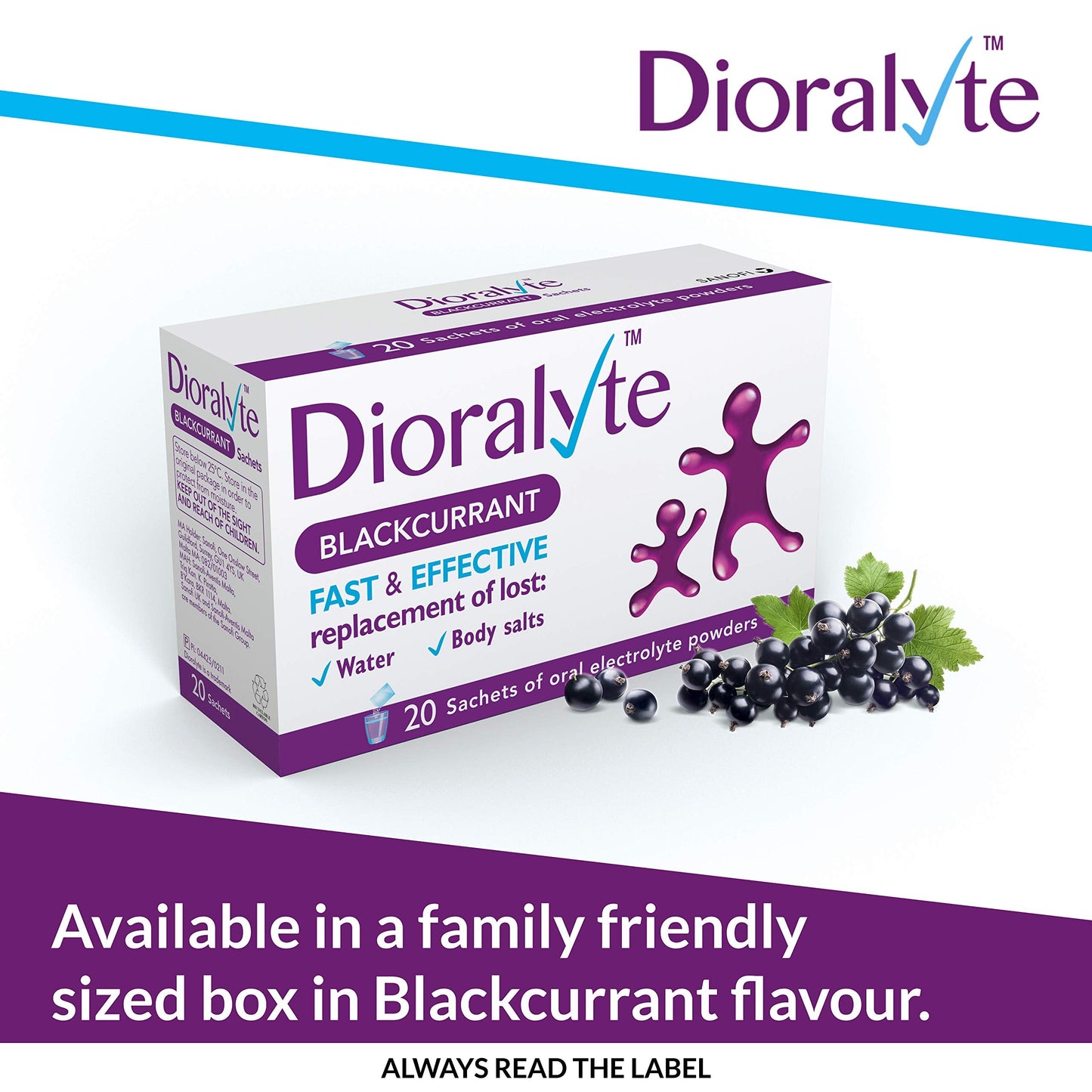 Dioralyte - Fast and Effective Supplement Treatment for Reducing Dehydration and Replacing Electrolytes (mineral salts) of Lost Body Water and Salts- Blackcurrant Flavour - 20 Sachets