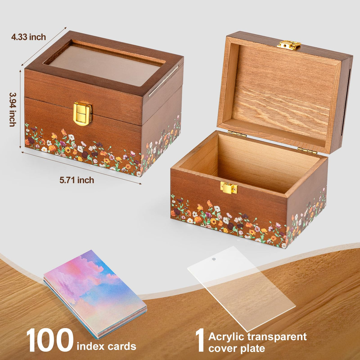 SMAILLBUDDHA Valentine's Day Gifts for her, 3 * 5 Solid Wood Index Card Organizer Friendship Bracelet Box with Transparent Acrylic Top Cover Gift for Christmas & New Year Comes with 100 Guide Cards