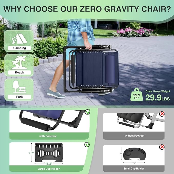 Suteck Oversized Zero Gravity Chair, 29In XL Outdoor Recliner Chair w/Removable Cushion&Headrest, Camping Lounge Chair w/Upgraded Lock&Footrest, Reclining Patio Chairs for Indoor Outdoor,500LBS