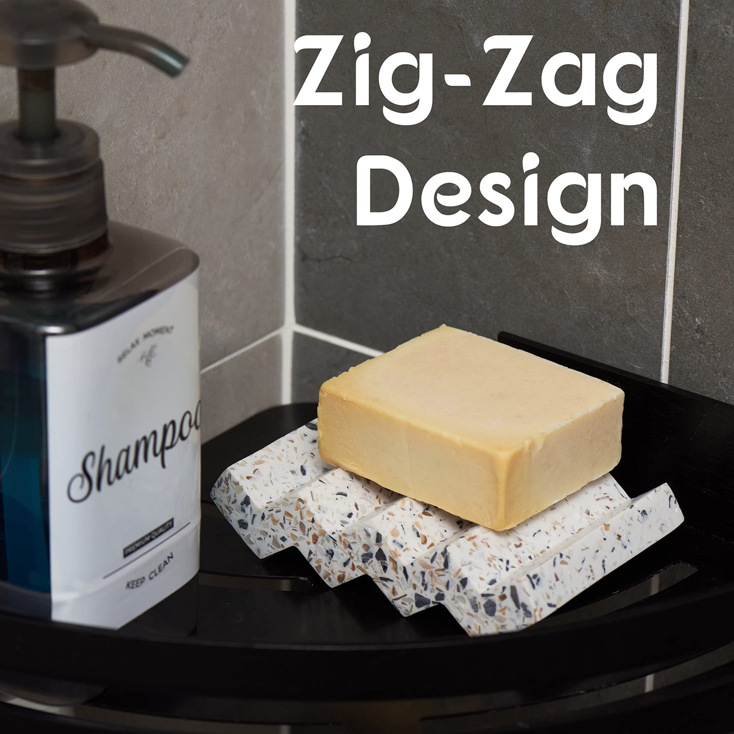 Tapeera Zig Zag Terrazzo Stone Soap Dish for Bathroom Sink - Concrete Soap Saver for Bar Soap Holder for Shower - Sponge Holder - Self Draining Soap Dish Holder - Kitchen Soap Tray (White)