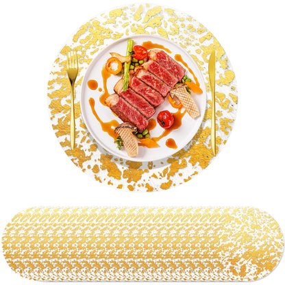 KesaPlan 100 PCS Disposable Gold Placemats Set, 13" Metallic Round Doilies for Tables, Gold Foil Mesh Pressed String Table Mats, Thin Mesh Decorative Doilies for Wedding, Holiday, Party, Christmas