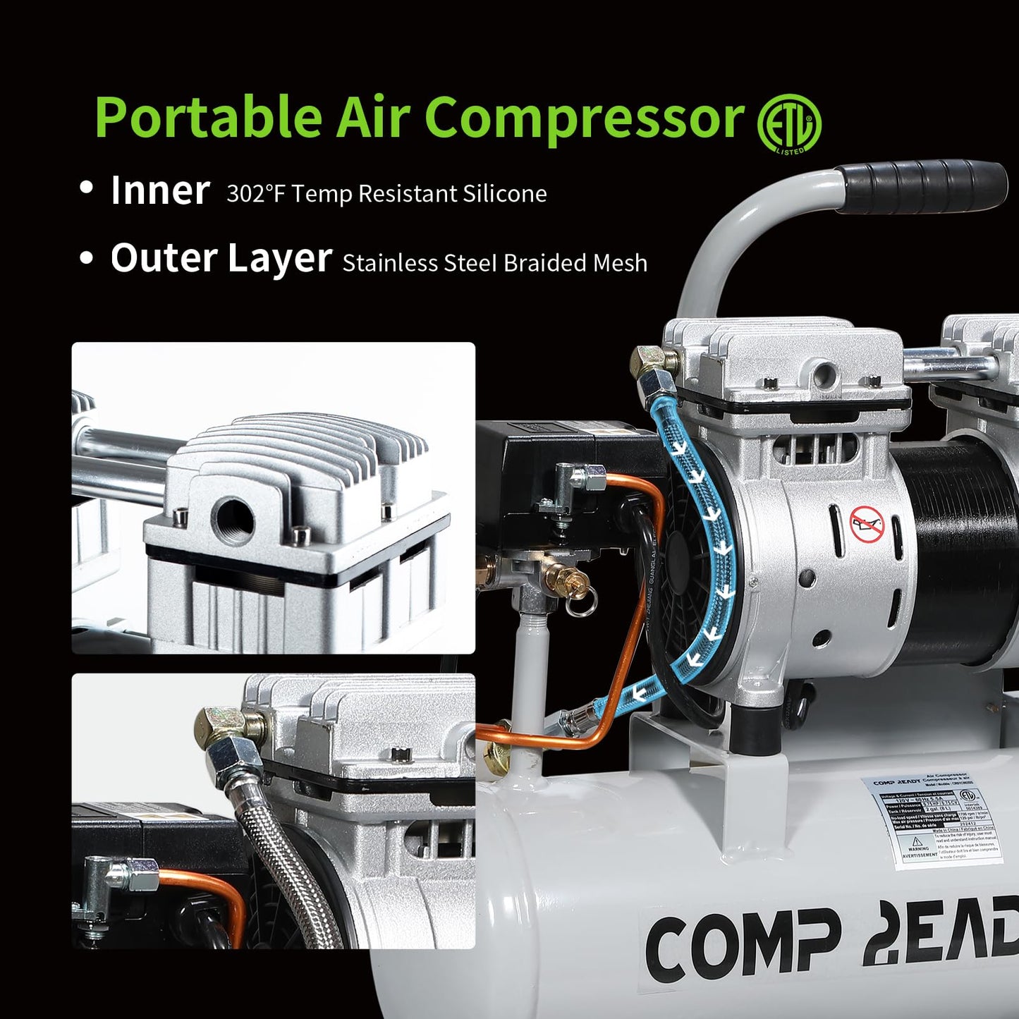 6 Gallon Portable Air Compressor 1HP 2.5 CFM@90PSI 60dB Ultra Quiet Oil Free Air Compressor Ideal for Tire Inflation Pneumatic Tool Spray Painting