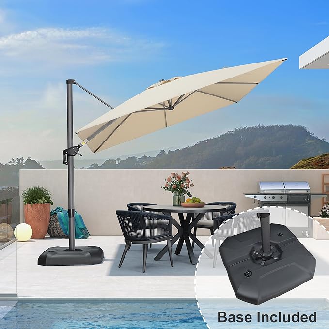PURPLE LEAF 9 Feet Patio Umbrella with Base Outdoor Cantilever Square Umbrella Aluminum Offset Umbrella with 360-degree Rotation for Garden Deck Pool Patio, Beige