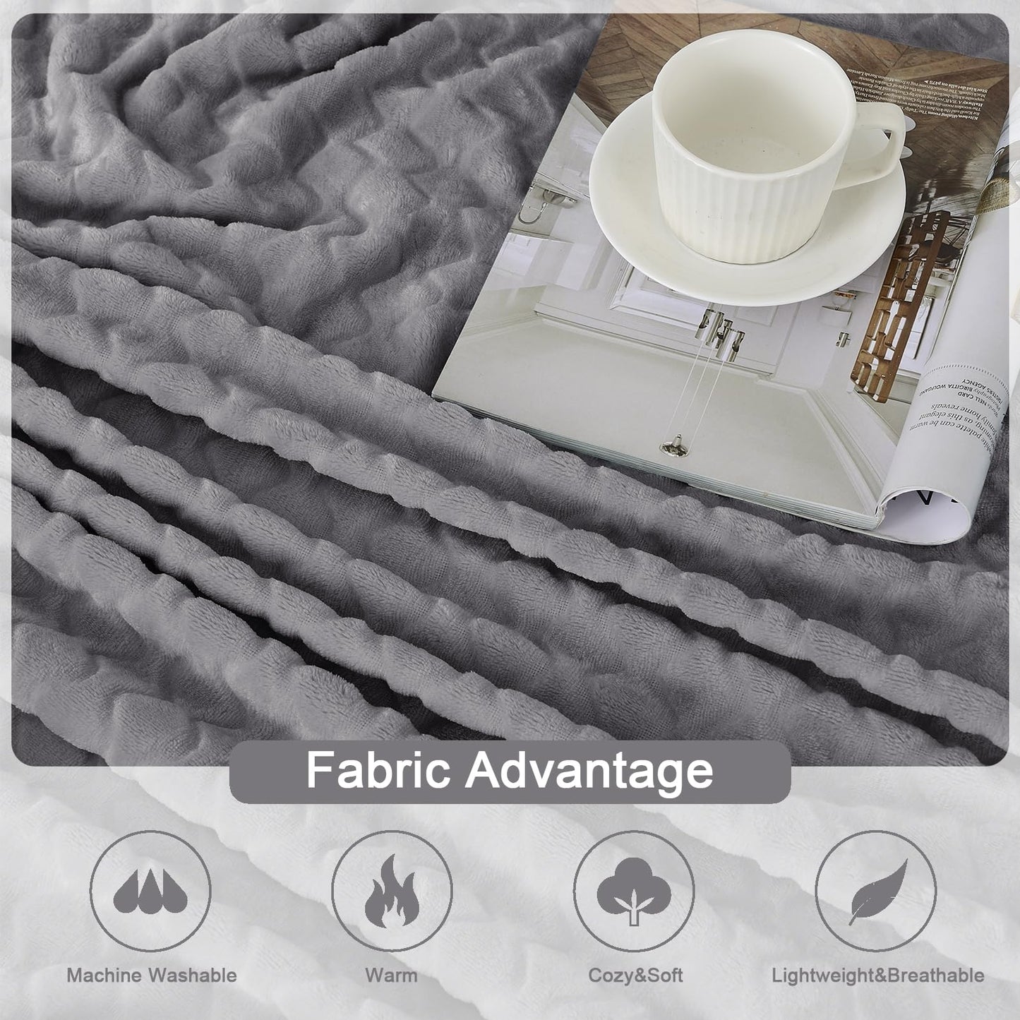 PLEASANT BOULEVARD | Super Soft FleeceThrow Blanket Velvet Wave Pattern Lightweight Cozy Flannel Blankets for All Seasons, Elegant Comfort Luxury Grey Fluffy Blankets, Throw (50" x 60")