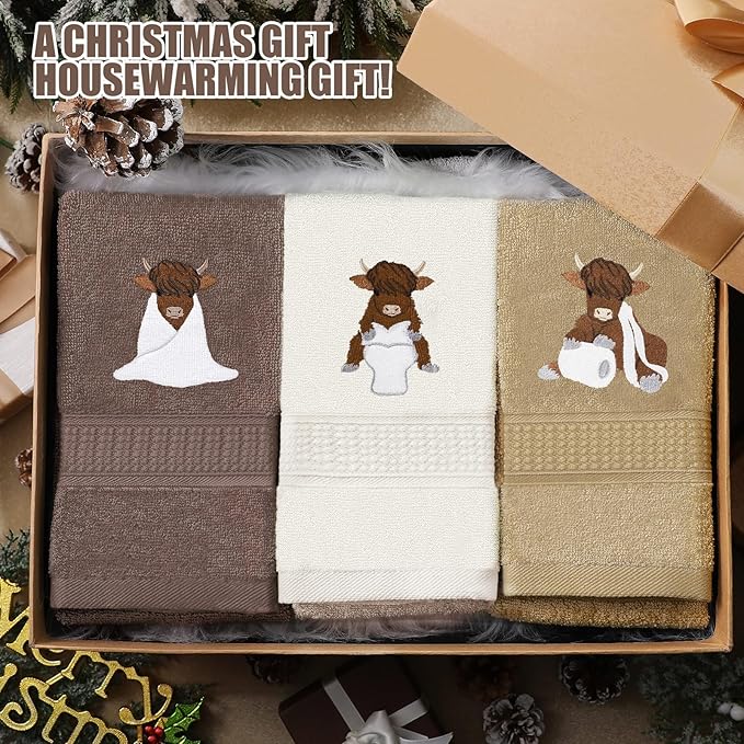 3 Pcs Highland Cow Hand Towels Embroidered Cow Farmhouse Decorative Bath Towels