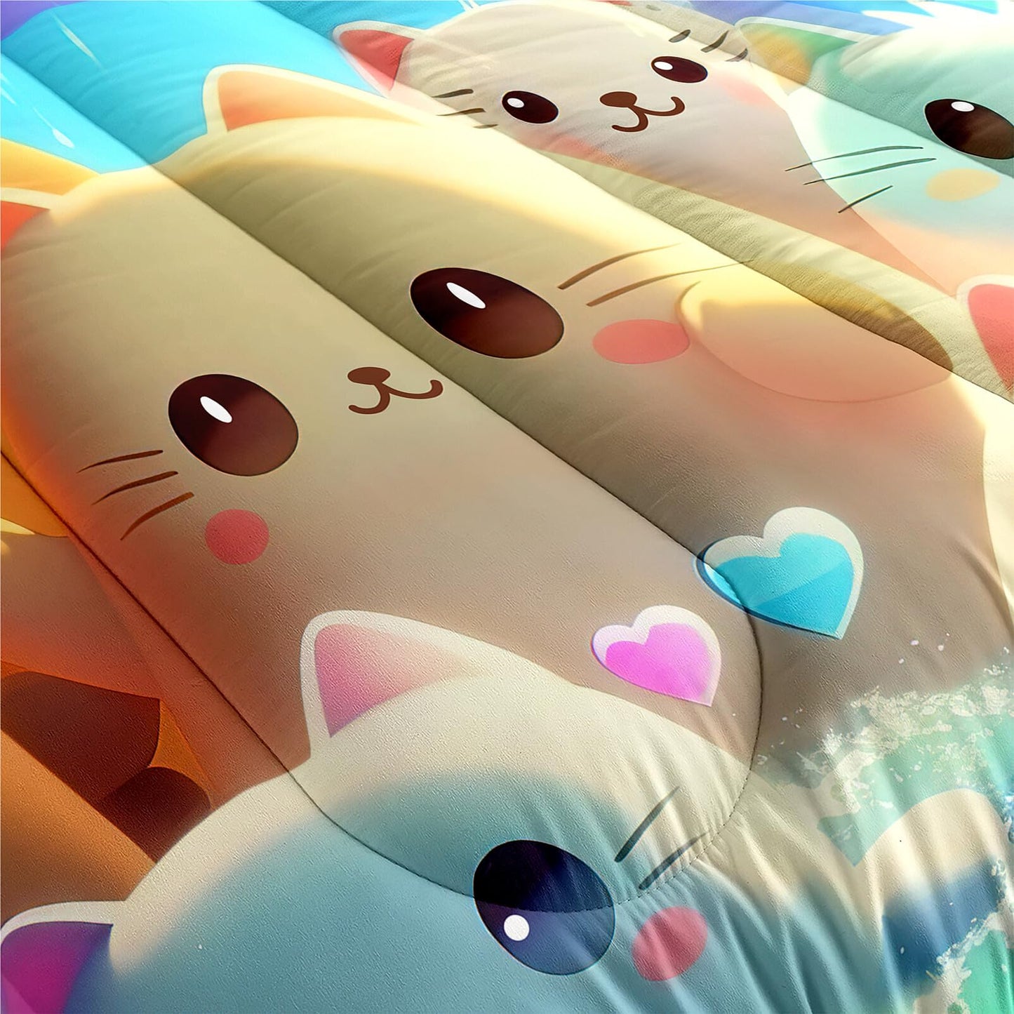 FJKJHKGJ Cat Comforter Set - Cartoon Cat Twin Bedding Set for Girls Cute Cat Rainbow Printed Kids Bedding Set for Girls Kids Teens All Season Kawaii Cat Twin Quilt Set, 1 Comforter+1 Pillowcase