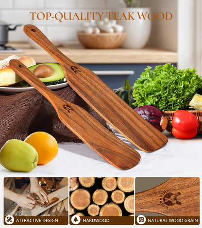 2Pcs Spurtles Kitchen Tools Wooden, Wooden Spurtle Spatula Set for Sourdough Starter, Natural from High Moist Resistance Teak, Kitchen Utensils for NonStick Cookware