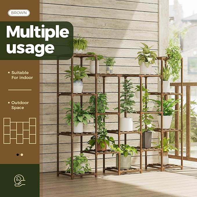 Bamworld Large Hanging Plant Stand Indoor Tall Plant Shelf Outdoor 14 Pots Large Plant Rack for Living Room Patio, Balcony and Garden