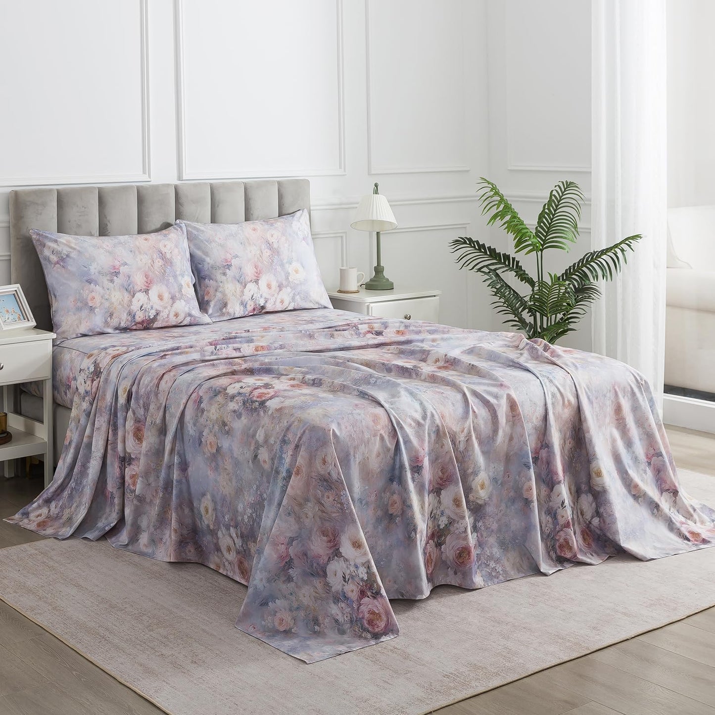 Puralens Vintage Floral Percale Sheets, Queen 100% Cotton Shabby Chic Sheet Set, Soft Crisp Purple Flower Bed Sheets, Cozy House Bedding, Deep Pocket Fitted Sheet, White Pink Rose Patterned, 4Pcs