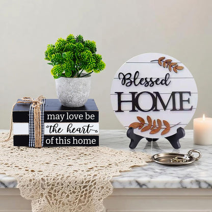Dazingart Housewarming Gifts for Home Decoration, Farmhouse Home Tiered Tray, May Love Be The Heart of This Home Mini Wooden Book Stack, Family Home Decor Book Bundle Blessed Signs (Blessed Home)