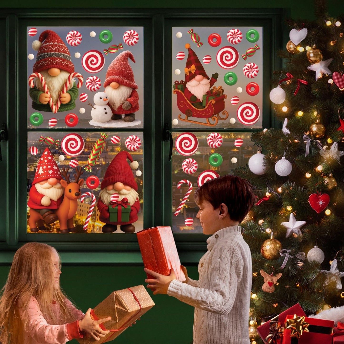 WALPLUS Christmas Window Clings Decorations Double-Sided Reusable Peel and Stick Removable for Glass Living Room Nursery Room Home Office Holiday Gnomies and Candy Delights 186 Pieces