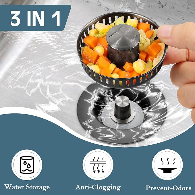 Kitchen Sink Drain Strainer 3 Pack, 304 Stainless Steel Pop Up Sink Stopper