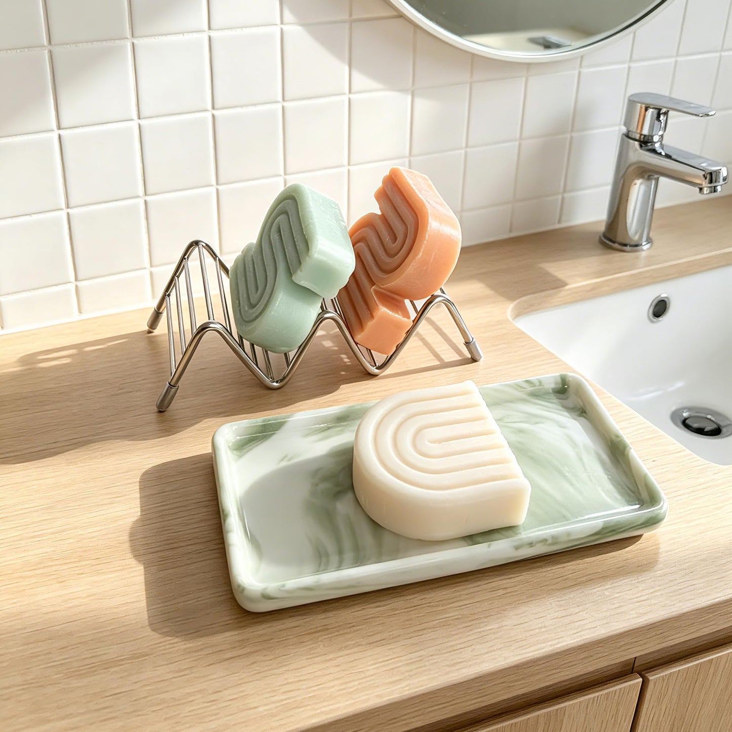 Lofekea Soap Dish, Stainless Steel Self Draining Shower Bar Soap Holder with Ceramic Dish Tray, W Style Soap Saver for Bathroom, Sink, Kitchen and Countertop(Green Texture)