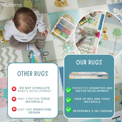 HuBorns - Foldable Baby Play Mat 200x180 cm - Reversible and Padded Baby Foam PlayMat with Stitched Edges - Waterproof Baby Mats for Floor Play - Anti-Fall Thick PlayMatt (Animals)
