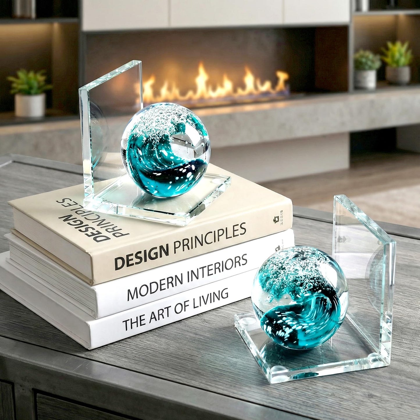Glass Book Ends Set of 2, L-Shaped Bookends with Sea Wave Ball Design – Non Skid Heavy Duty Decorative Book Stopper for Shelves, Desk, and Home Office