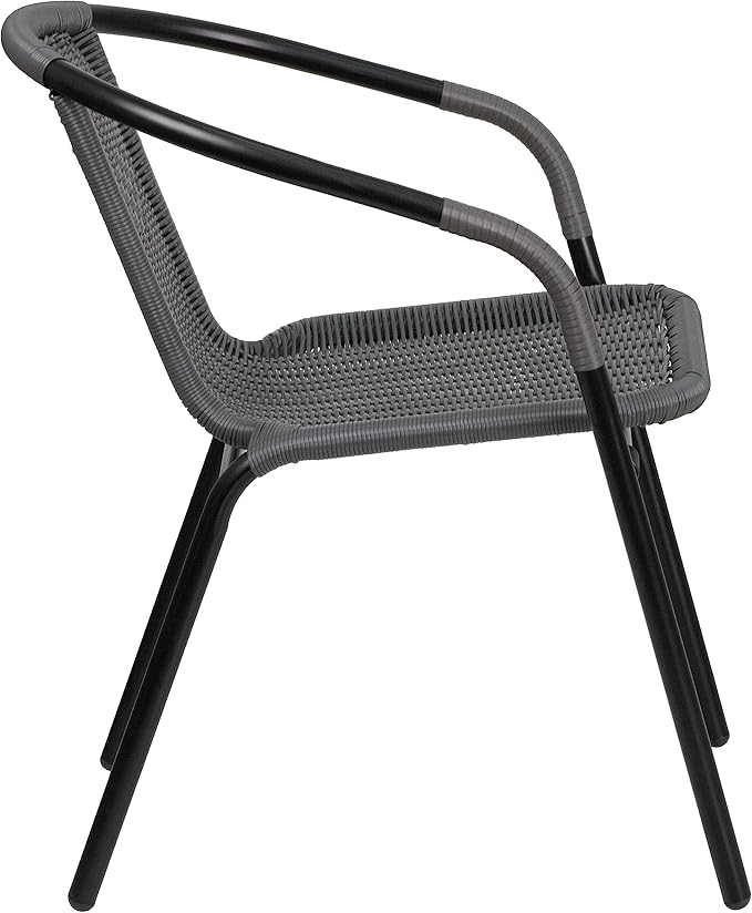 EMMA + OLIVER Set of 2 Modern Rattan Indoor/Outdoor Stack Chairs, Stacking Rattan Patio Chairs with Curved Back and Cross Bracing, Gray