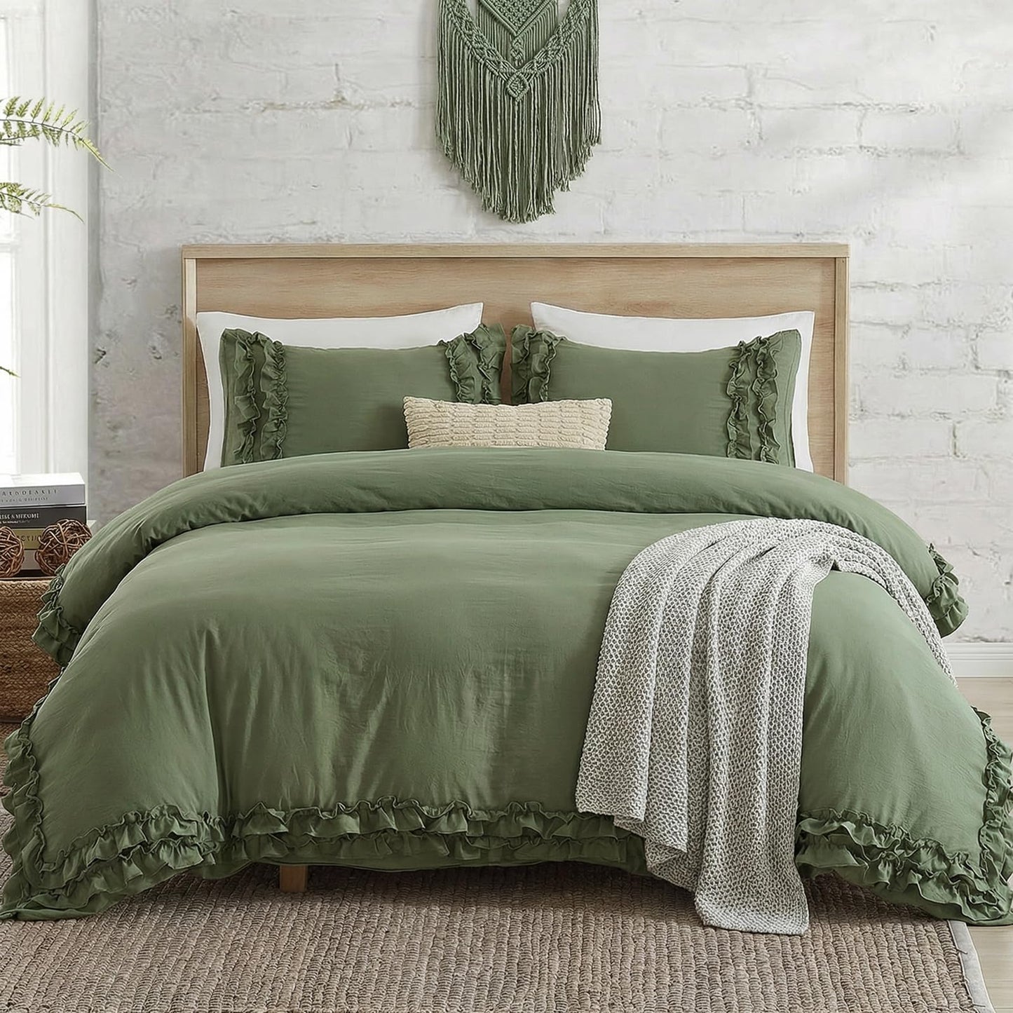 Avocado Green Duvet Cover Queen Ruffled Bedding Set Pleated Ruffle Fringe Shabby Chic Bedding Super Soft Cozy Boho Bedroom Bedding for All Season
